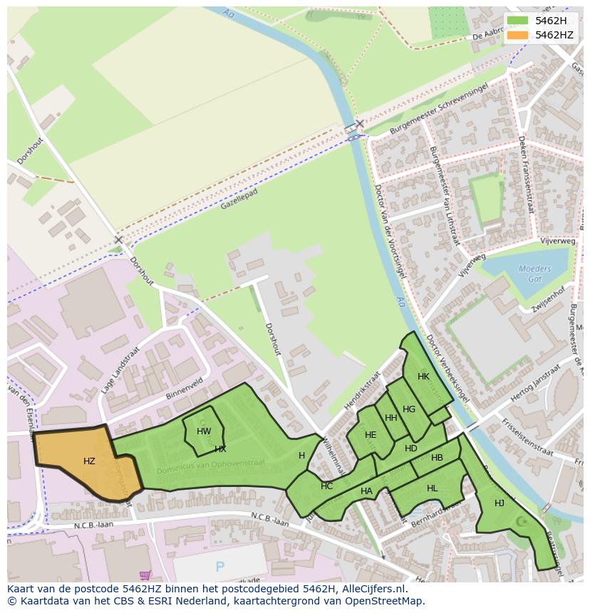 Afbeelding van het postcodegebied 5462 HZ op de kaart.