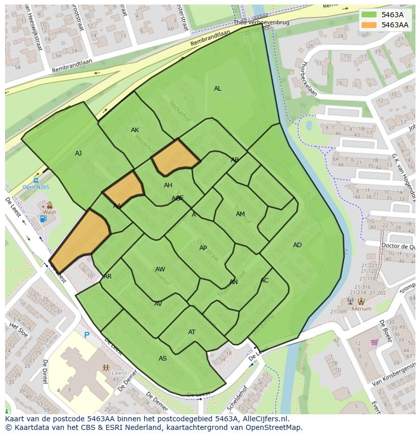 Afbeelding van het postcodegebied 5463 AA op de kaart.