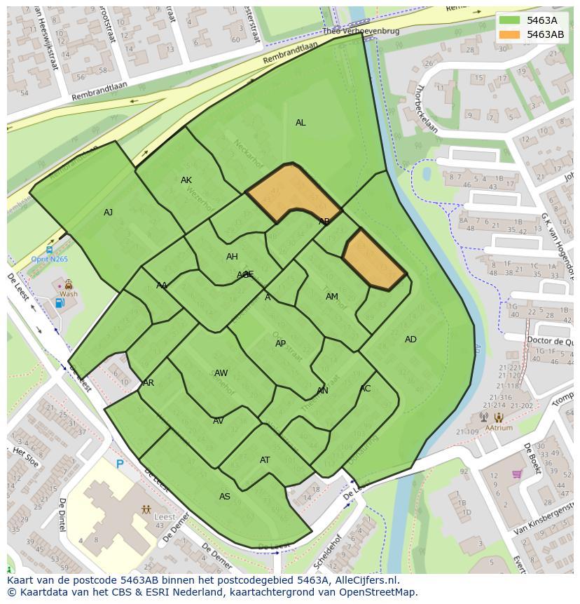 Afbeelding van het postcodegebied 5463 AB op de kaart.