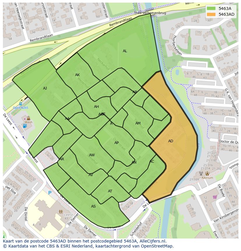 Afbeelding van het postcodegebied 5463 AD op de kaart.