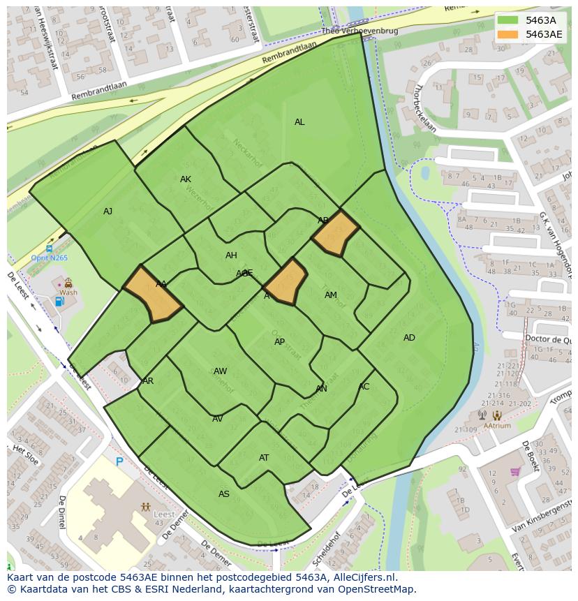 Afbeelding van het postcodegebied 5463 AE op de kaart.