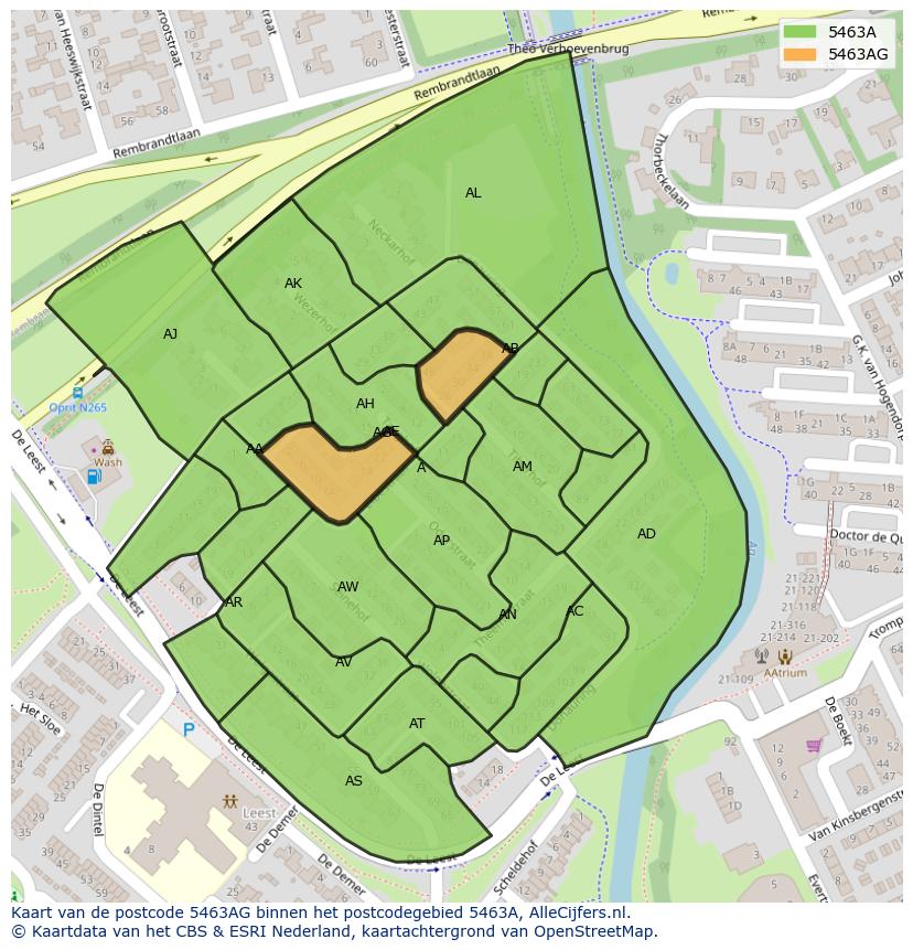 Afbeelding van het postcodegebied 5463 AG op de kaart.