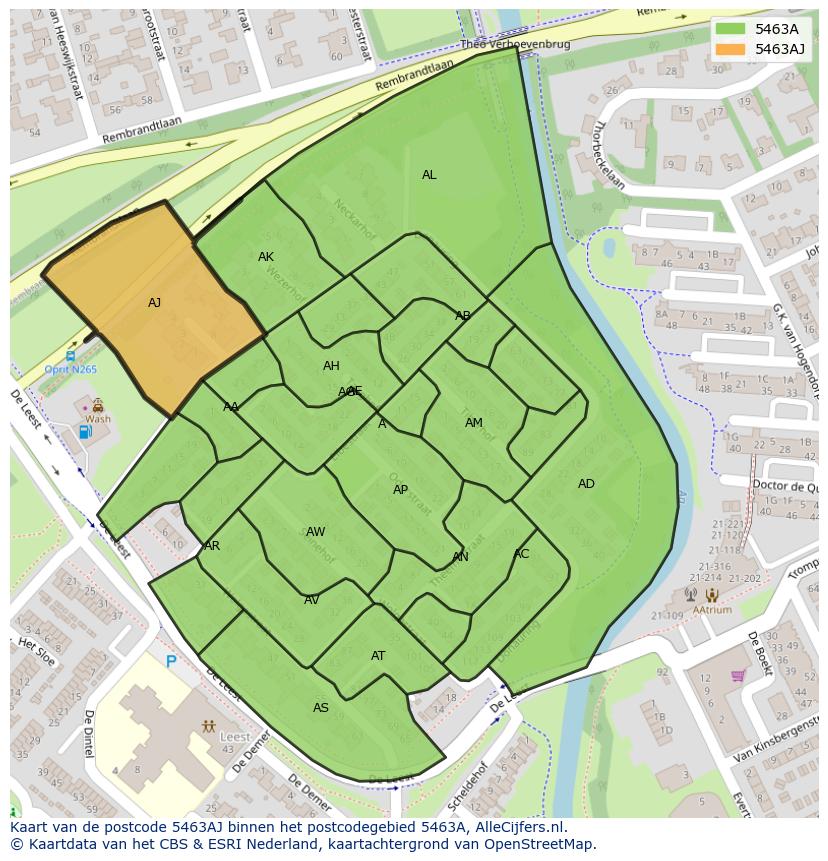 Afbeelding van het postcodegebied 5463 AJ op de kaart.