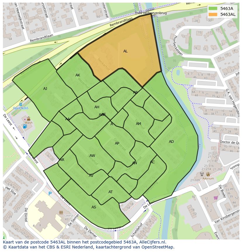 Afbeelding van het postcodegebied 5463 AL op de kaart.