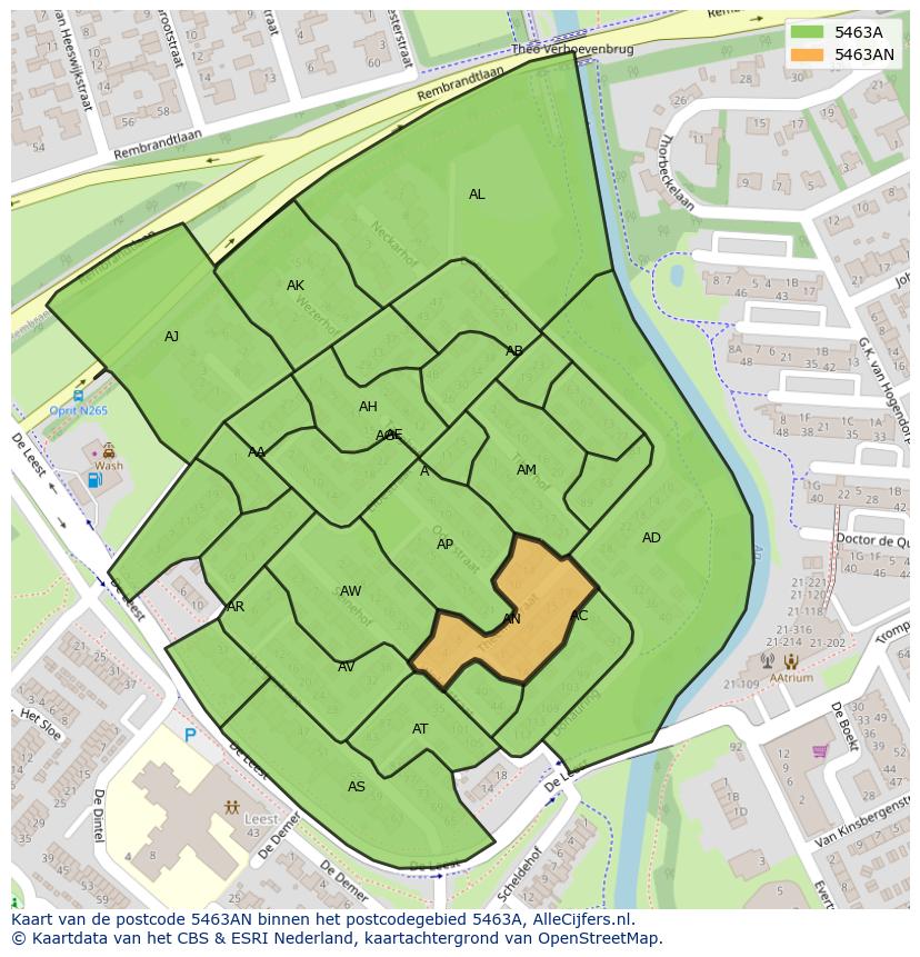 Afbeelding van het postcodegebied 5463 AN op de kaart.