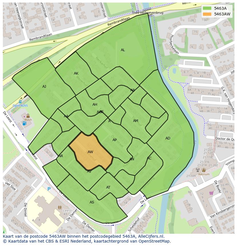Afbeelding van het postcodegebied 5463 AW op de kaart.