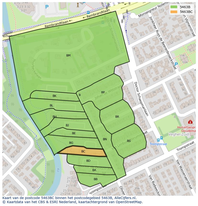 Afbeelding van het postcodegebied 5463 BC op de kaart.