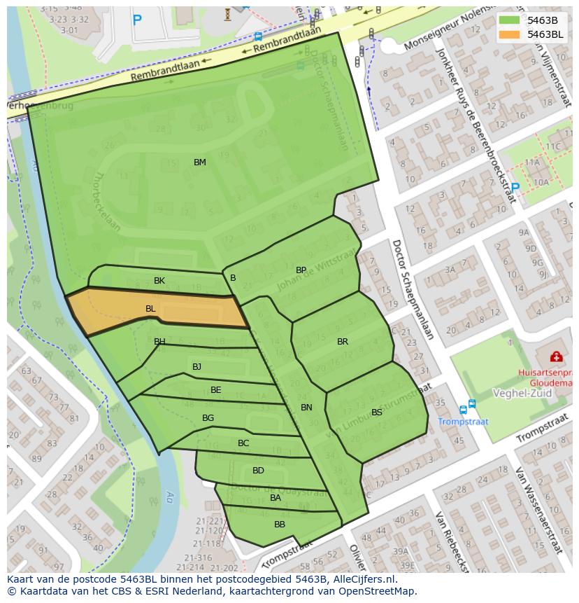 Afbeelding van het postcodegebied 5463 BL op de kaart.