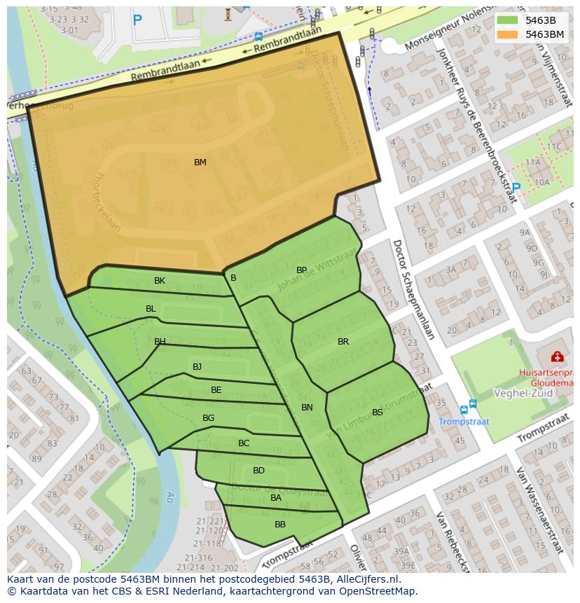 Afbeelding van het postcodegebied 5463 BM op de kaart.