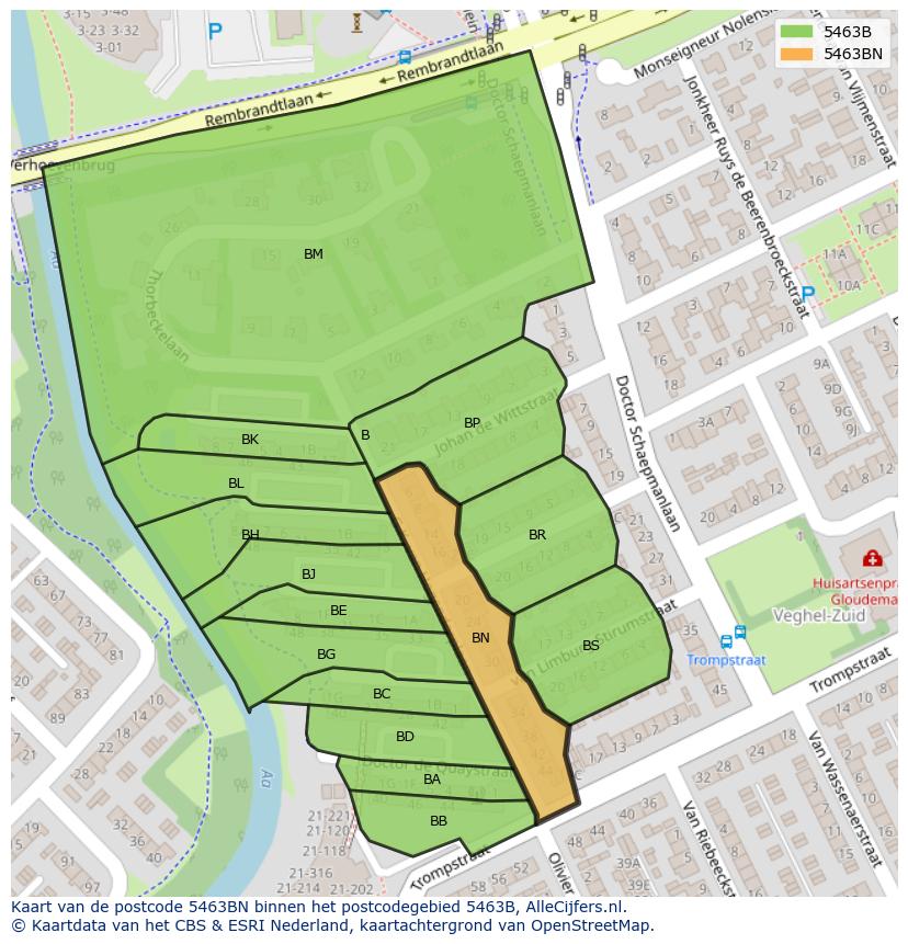 Afbeelding van het postcodegebied 5463 BN op de kaart.