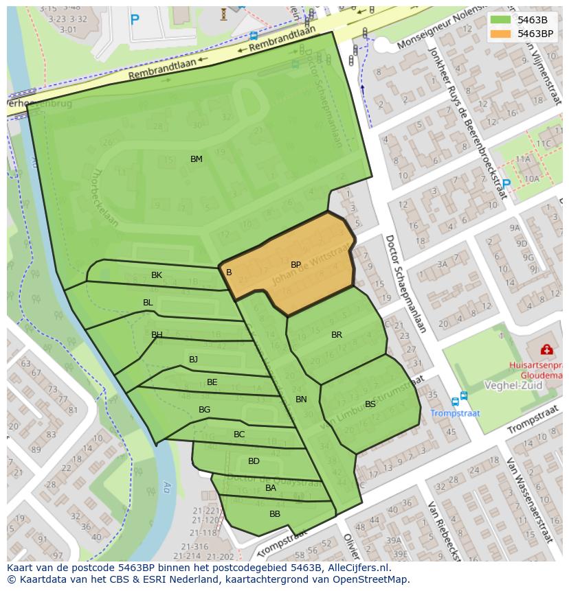 Afbeelding van het postcodegebied 5463 BP op de kaart.
