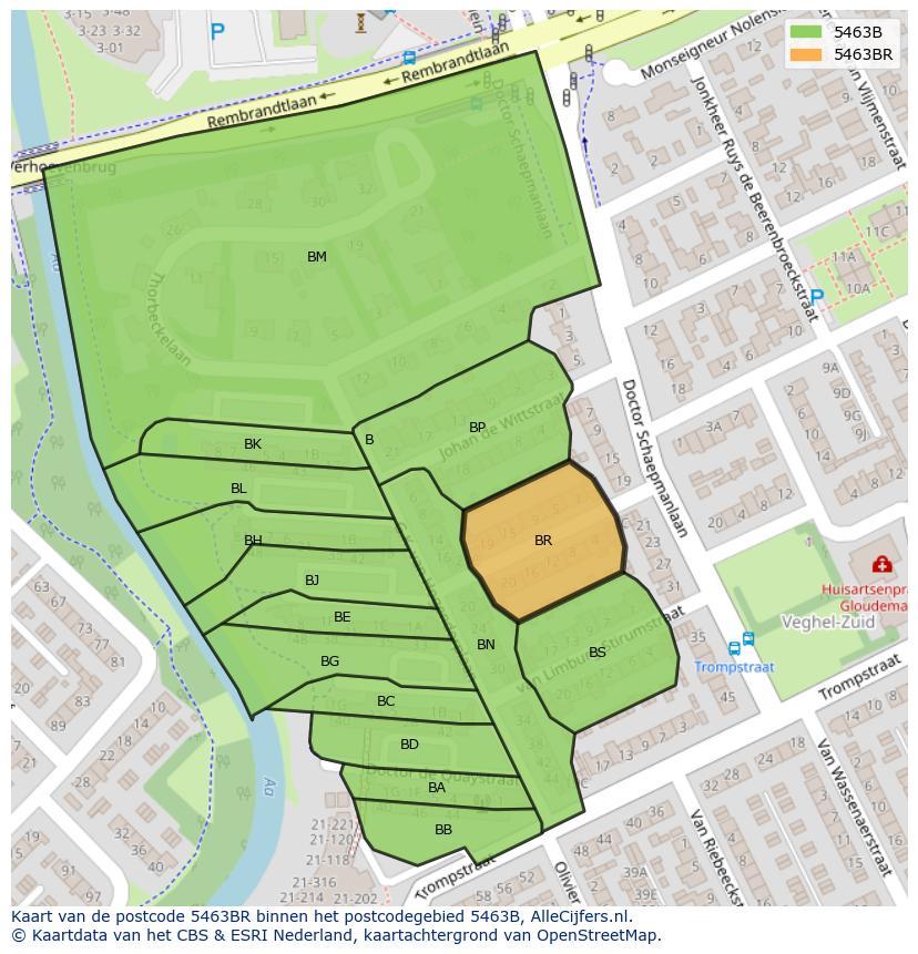 Afbeelding van het postcodegebied 5463 BR op de kaart.