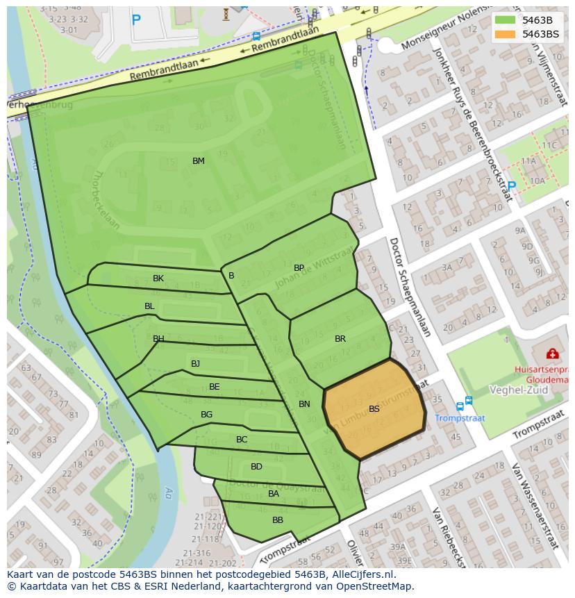 Afbeelding van het postcodegebied 5463 BS op de kaart.