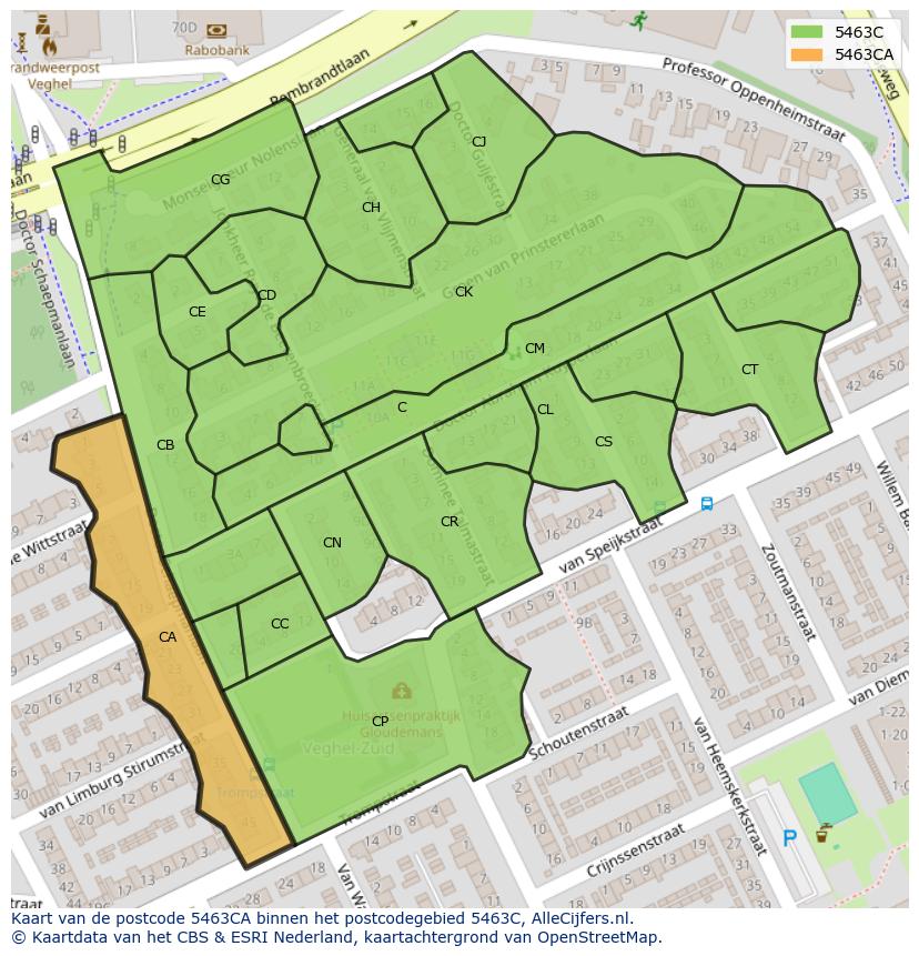 Afbeelding van het postcodegebied 5463 CA op de kaart.
