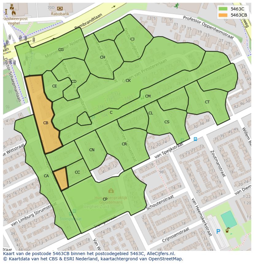 Afbeelding van het postcodegebied 5463 CB op de kaart.