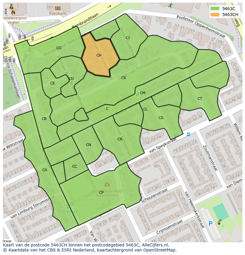 Afbeelding van het postcodegebied 5463 CH op de kaart.