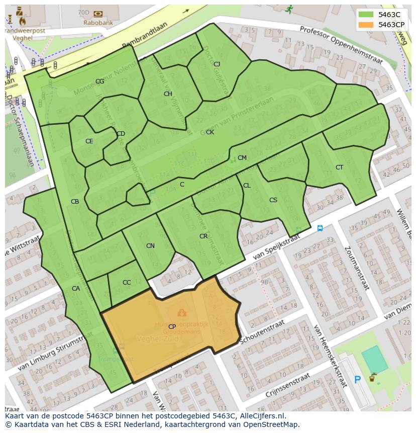 Afbeelding van het postcodegebied 5463 CP op de kaart.