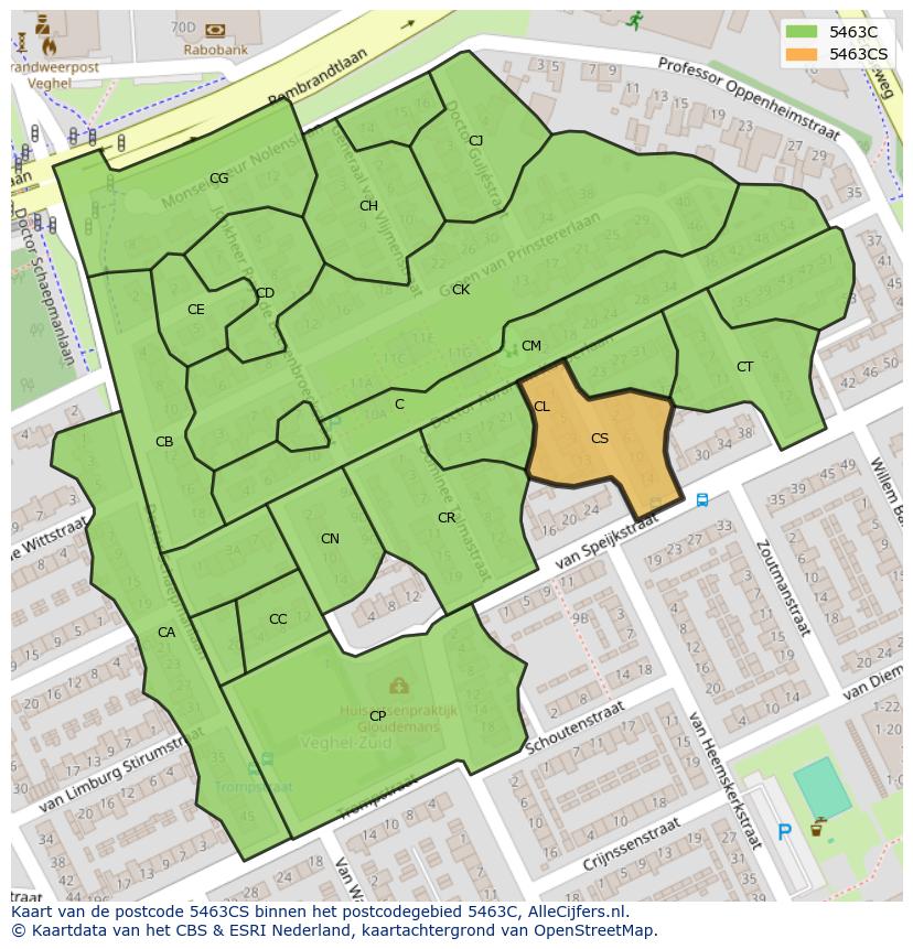 Afbeelding van het postcodegebied 5463 CS op de kaart.