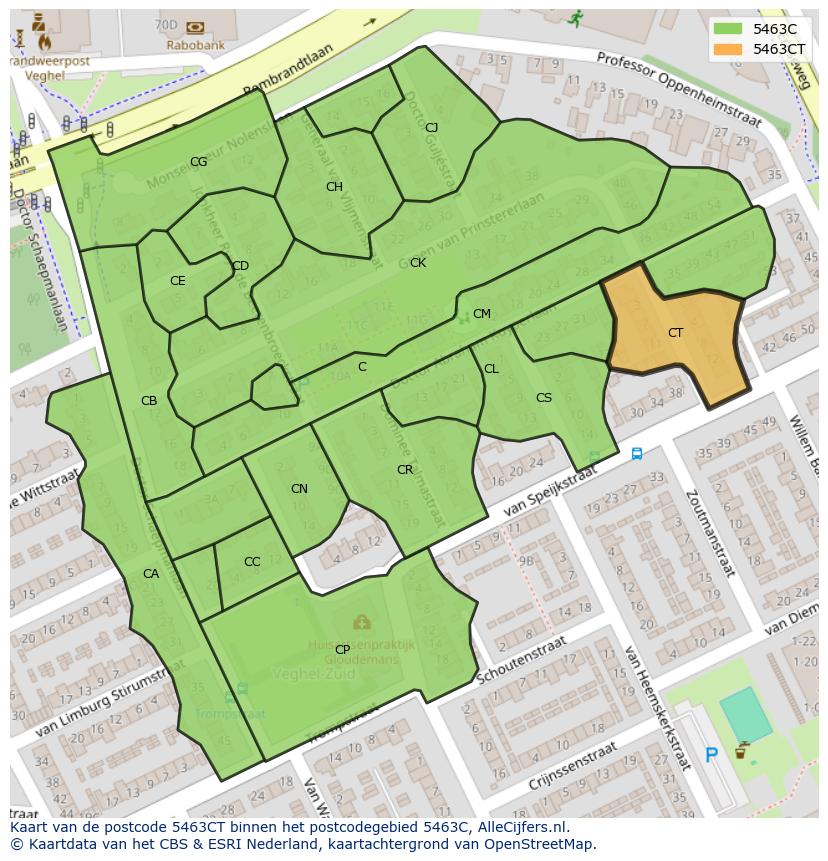 Afbeelding van het postcodegebied 5463 CT op de kaart.