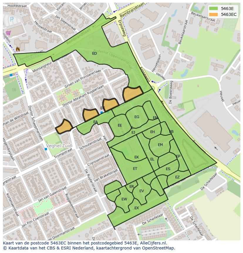 Afbeelding van het postcodegebied 5463 EC op de kaart.