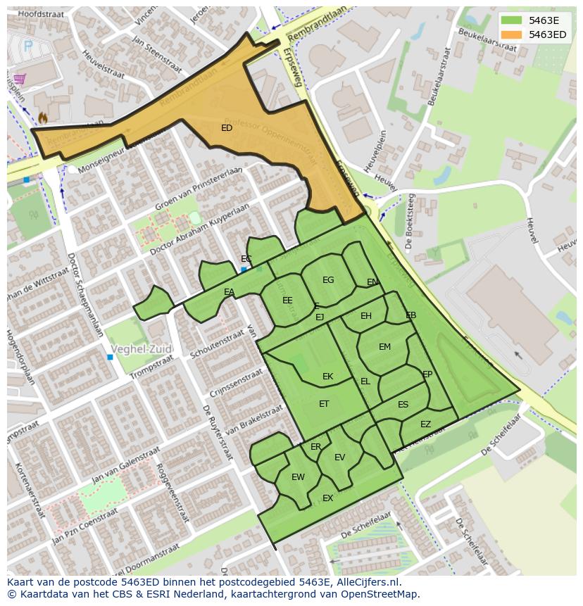 Afbeelding van het postcodegebied 5463 ED op de kaart.