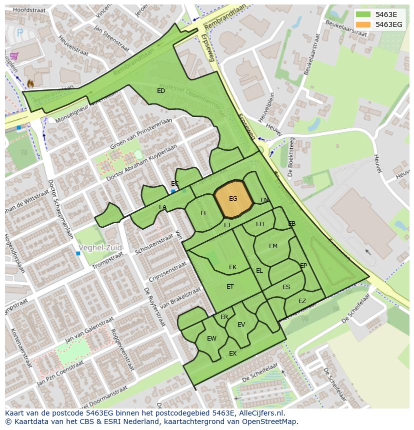 Afbeelding van het postcodegebied 5463 EG op de kaart.