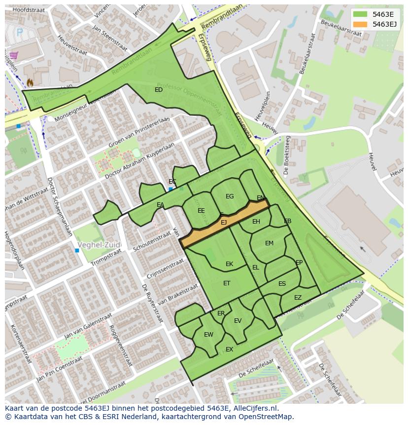 Afbeelding van het postcodegebied 5463 EJ op de kaart.