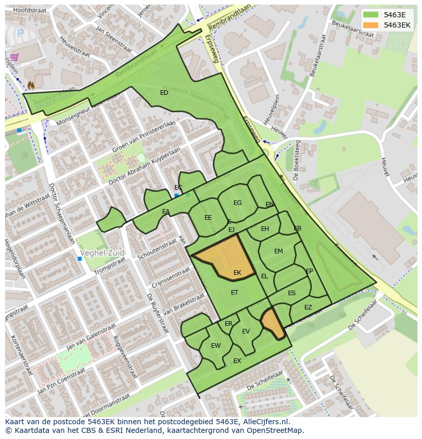 Afbeelding van het postcodegebied 5463 EK op de kaart.
