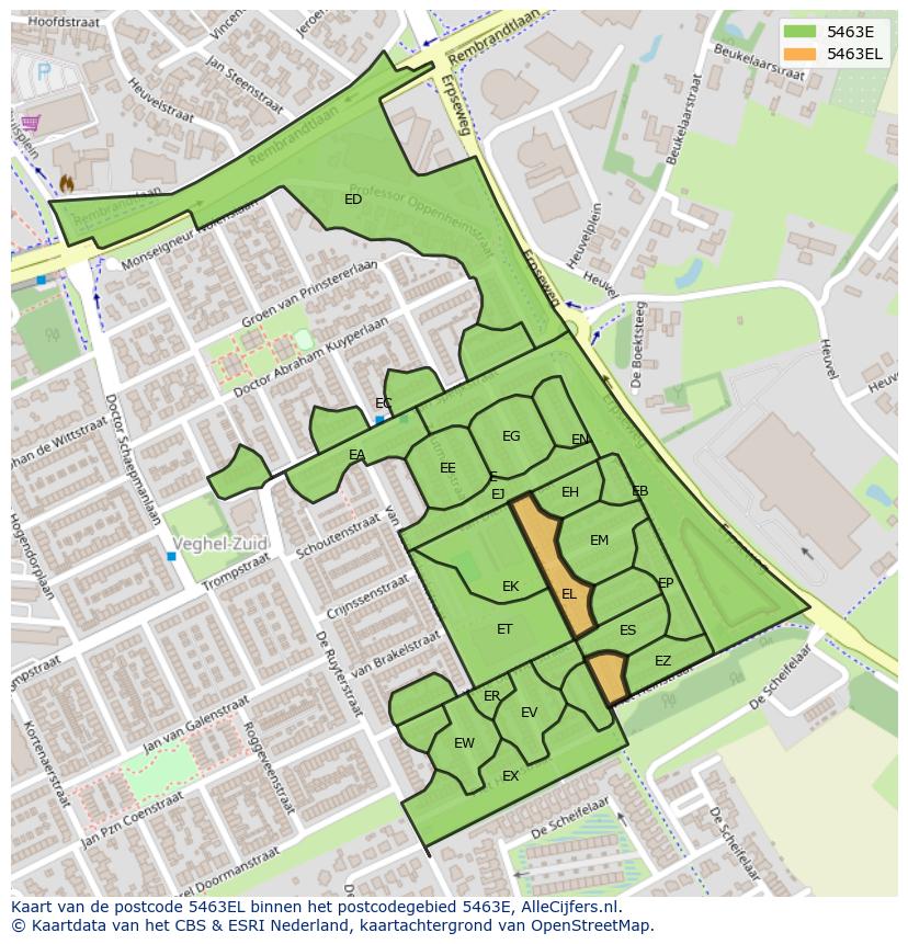 Afbeelding van het postcodegebied 5463 EL op de kaart.