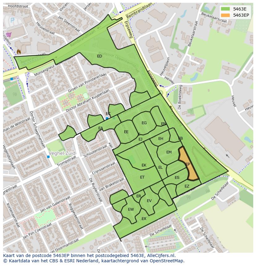 Afbeelding van het postcodegebied 5463 EP op de kaart.