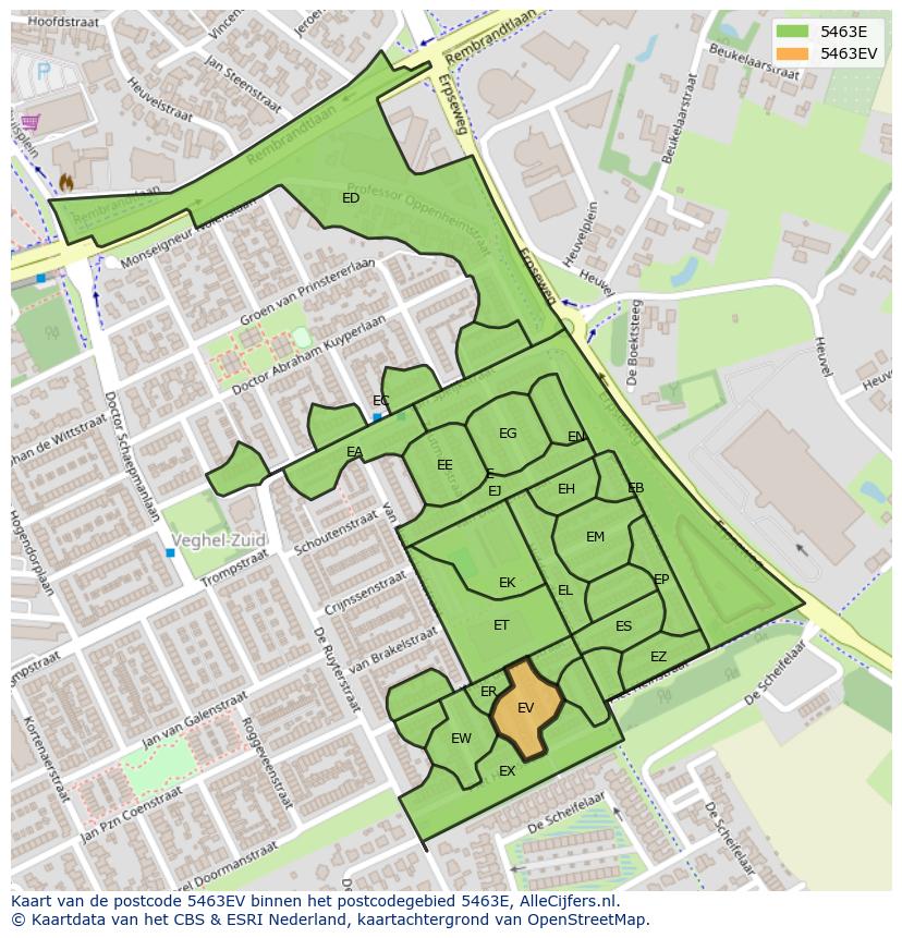 Afbeelding van het postcodegebied 5463 EV op de kaart.