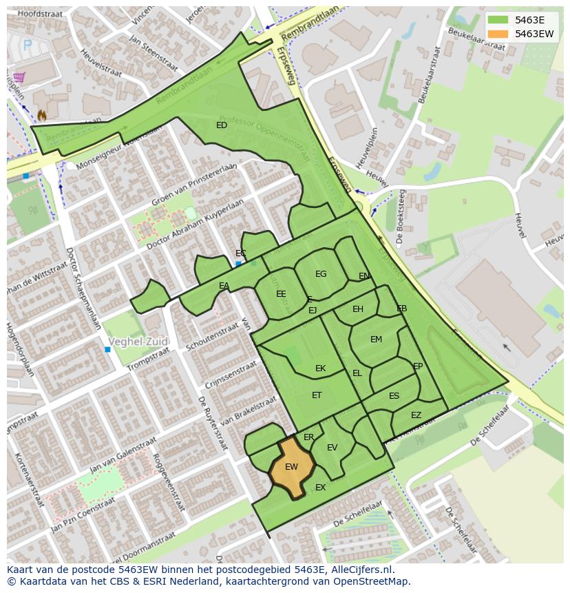 Afbeelding van het postcodegebied 5463 EW op de kaart.