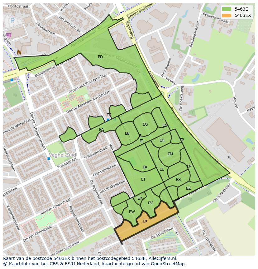 Afbeelding van het postcodegebied 5463 EX op de kaart.