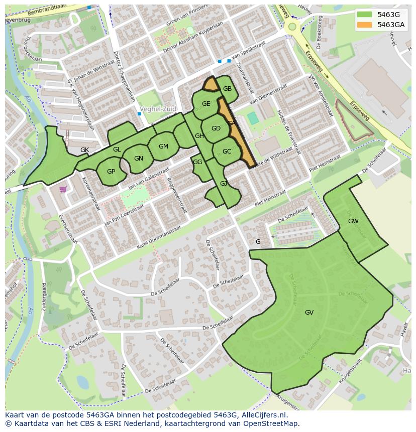 Afbeelding van het postcodegebied 5463 GA op de kaart.