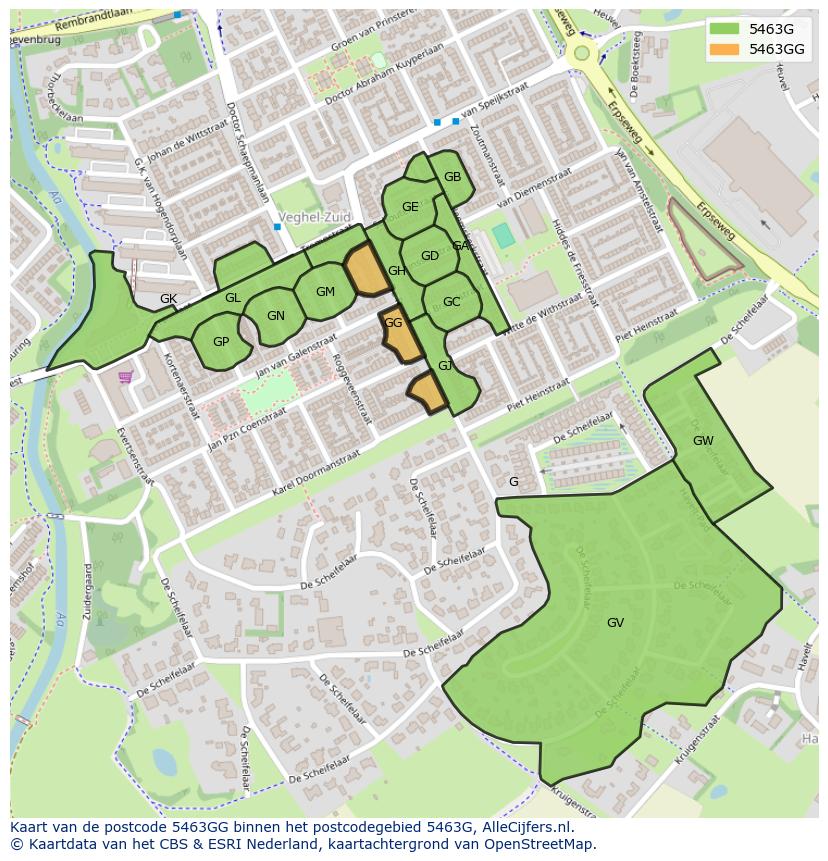 Afbeelding van het postcodegebied 5463 GG op de kaart.