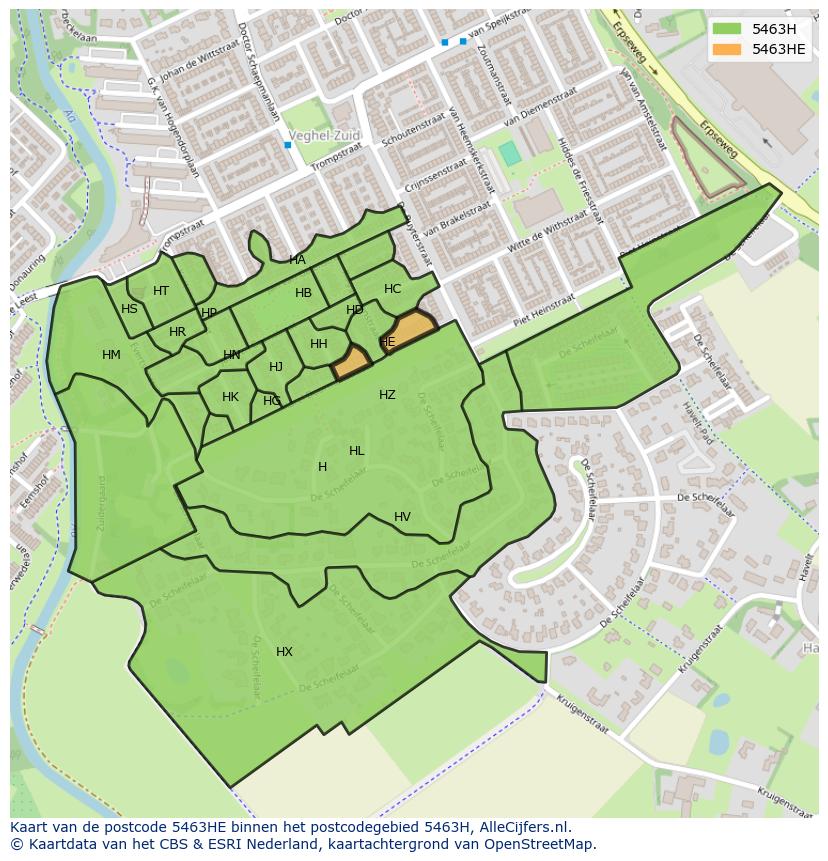 Afbeelding van het postcodegebied 5463 HE op de kaart.