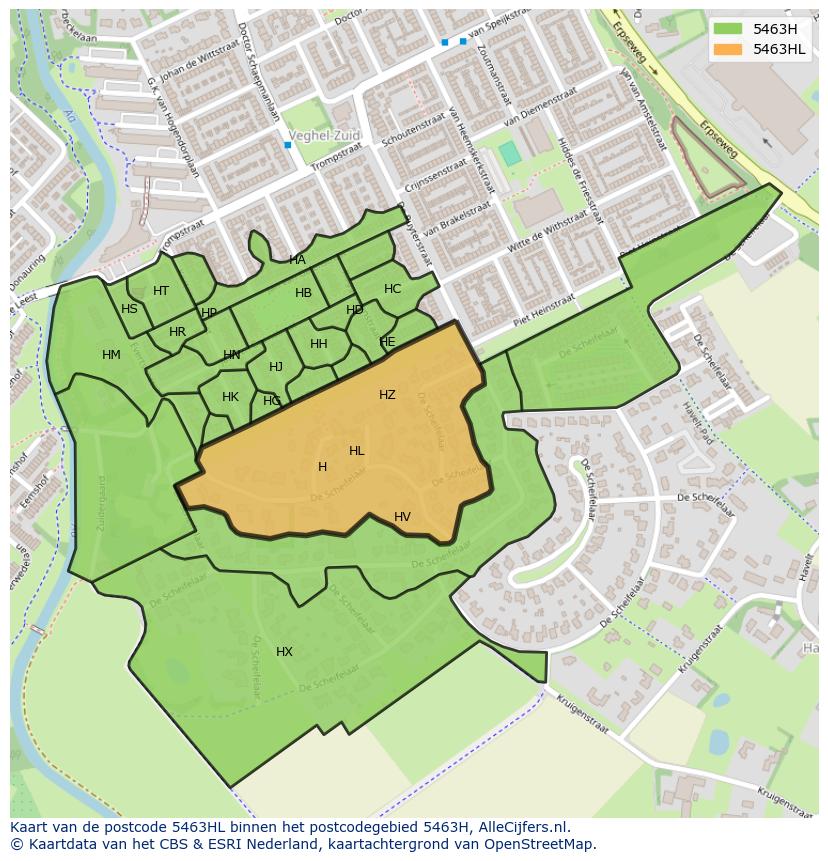 Afbeelding van het postcodegebied 5463 HL op de kaart.