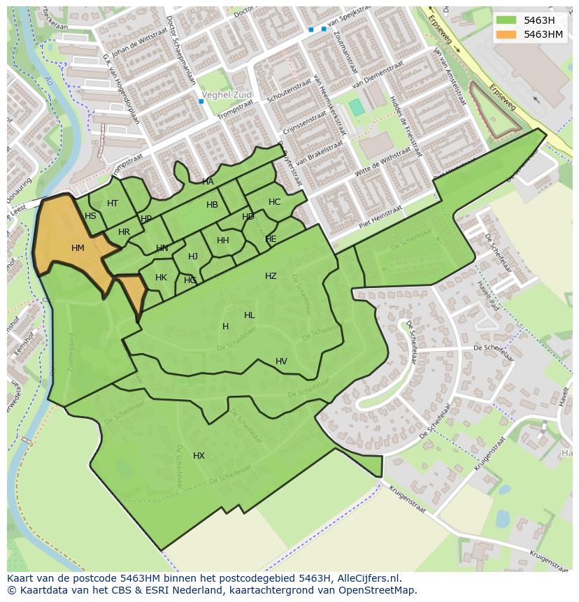 Afbeelding van het postcodegebied 5463 HM op de kaart.