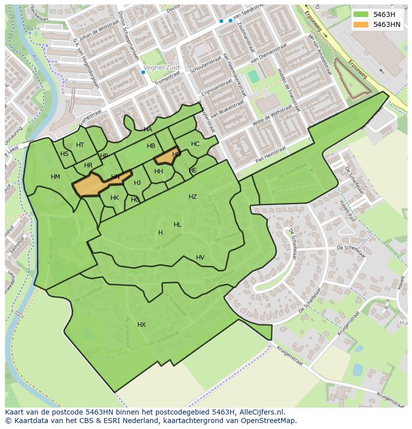 Afbeelding van het postcodegebied 5463 HN op de kaart.
