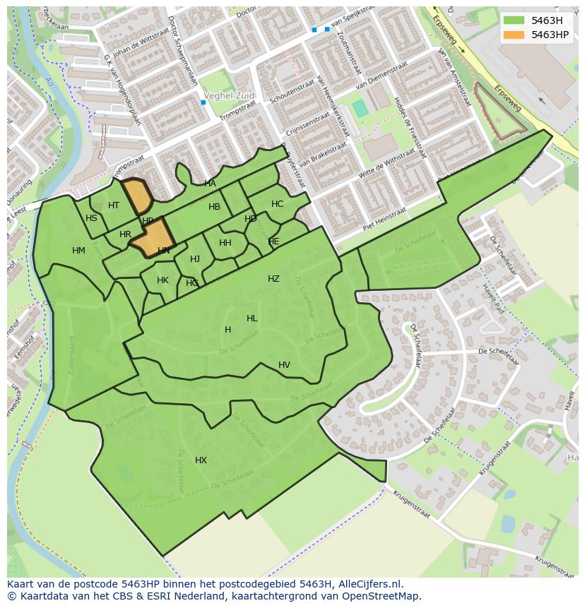 Afbeelding van het postcodegebied 5463 HP op de kaart.