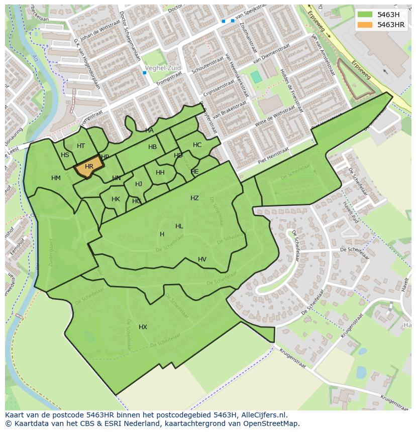 Afbeelding van het postcodegebied 5463 HR op de kaart.