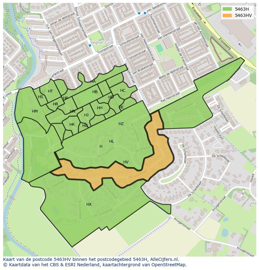 Afbeelding van het postcodegebied 5463 HV op de kaart.