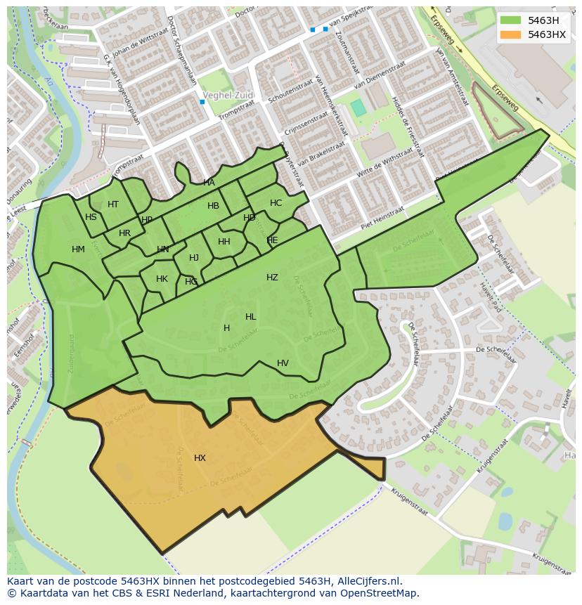 Afbeelding van het postcodegebied 5463 HX op de kaart.