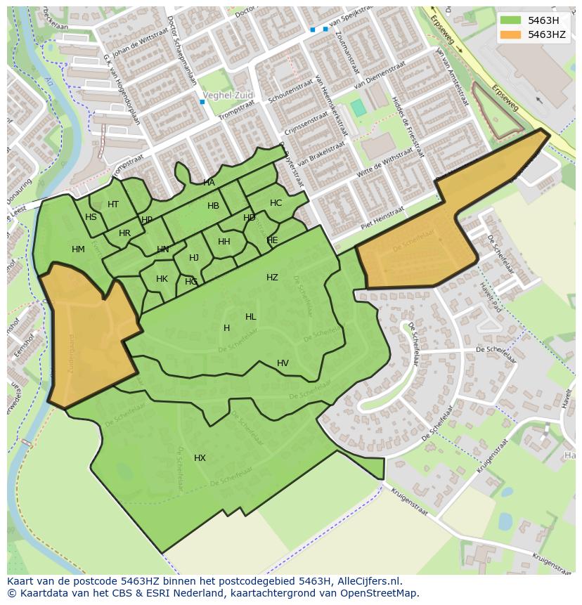Afbeelding van het postcodegebied 5463 HZ op de kaart.