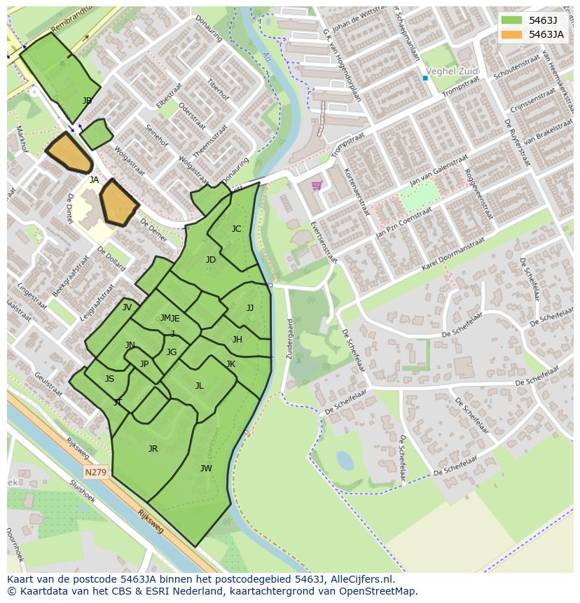 Afbeelding van het postcodegebied 5463 JA op de kaart.