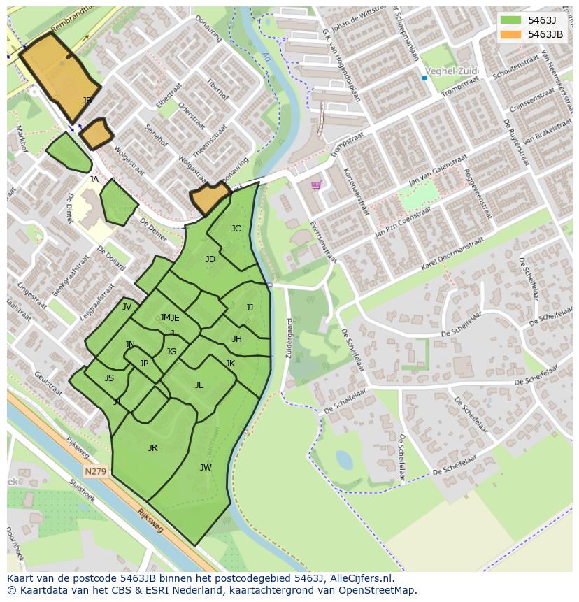 Afbeelding van het postcodegebied 5463 JB op de kaart.