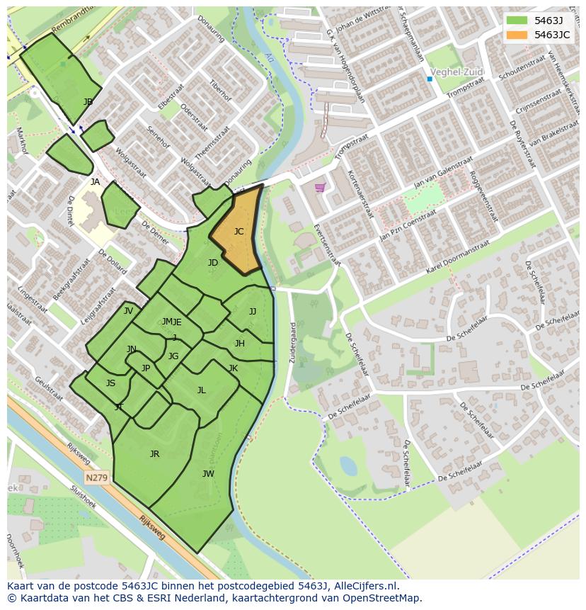 Afbeelding van het postcodegebied 5463 JC op de kaart.