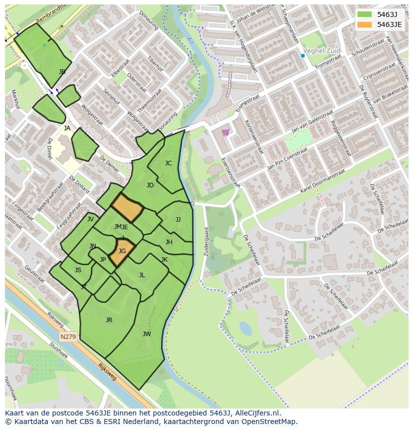 Afbeelding van het postcodegebied 5463 JE op de kaart.