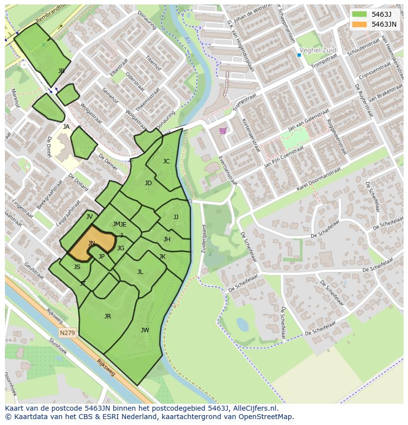 Afbeelding van het postcodegebied 5463 JN op de kaart.