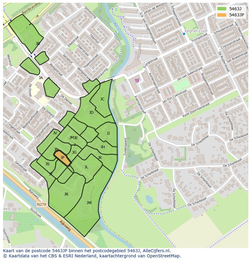 Afbeelding van het postcodegebied 5463 JP op de kaart.